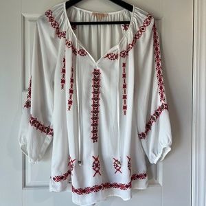 Gibson Latimer - White Pleasant Blouse w Brilliant Geometric Designs SzM